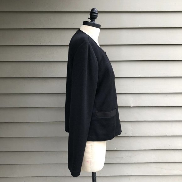 ST. JOHN CAVIAR Milano Knit Zip Front Ribbon Trim Cropped Black Jacket Blazer 12 - Picture 10 of 16